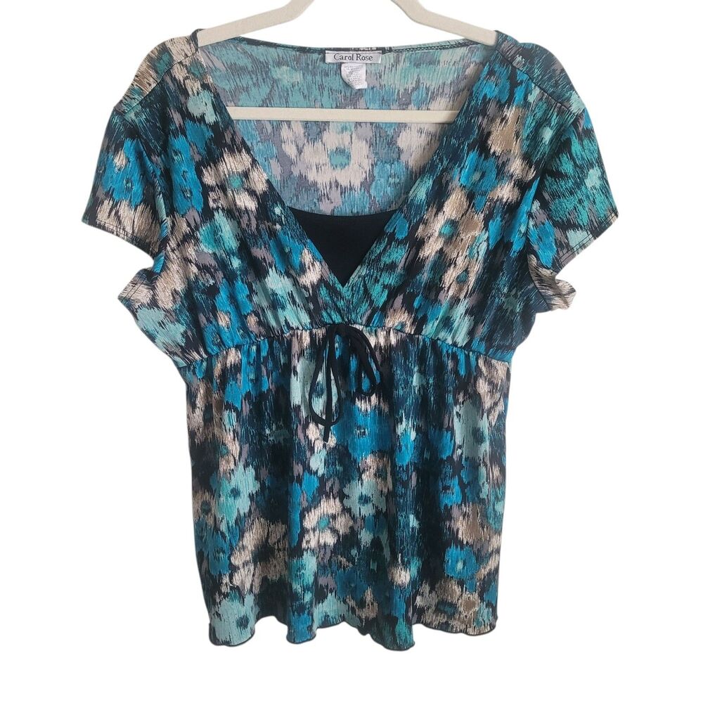 Carol Rose Y2K Floral Babydoll Blouse Womens XL Black Blue Tie Waist Vintage 90s
